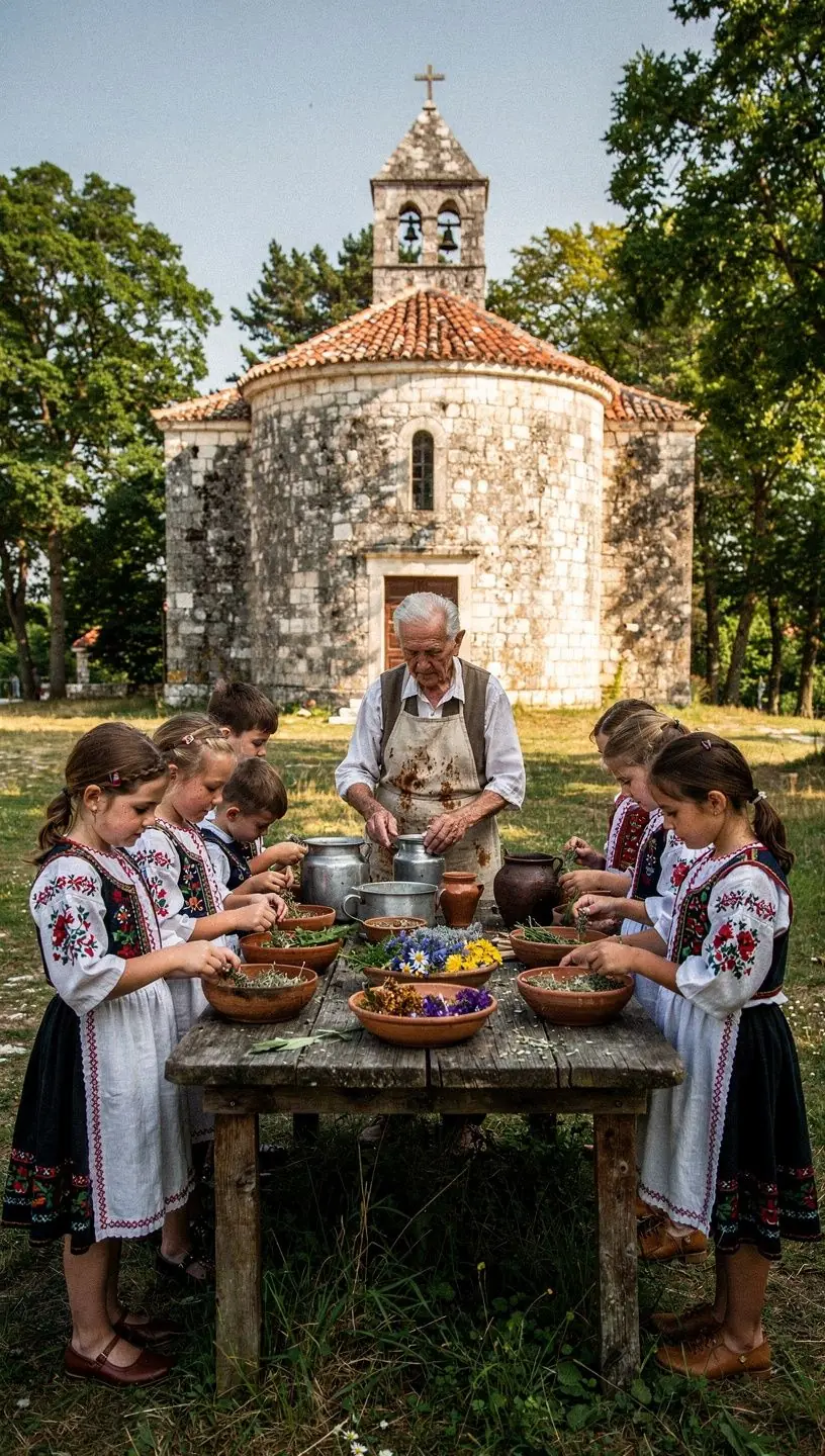 Šalica čaja postavljena na stolu s tradicionalnim hrvatskim motivima.