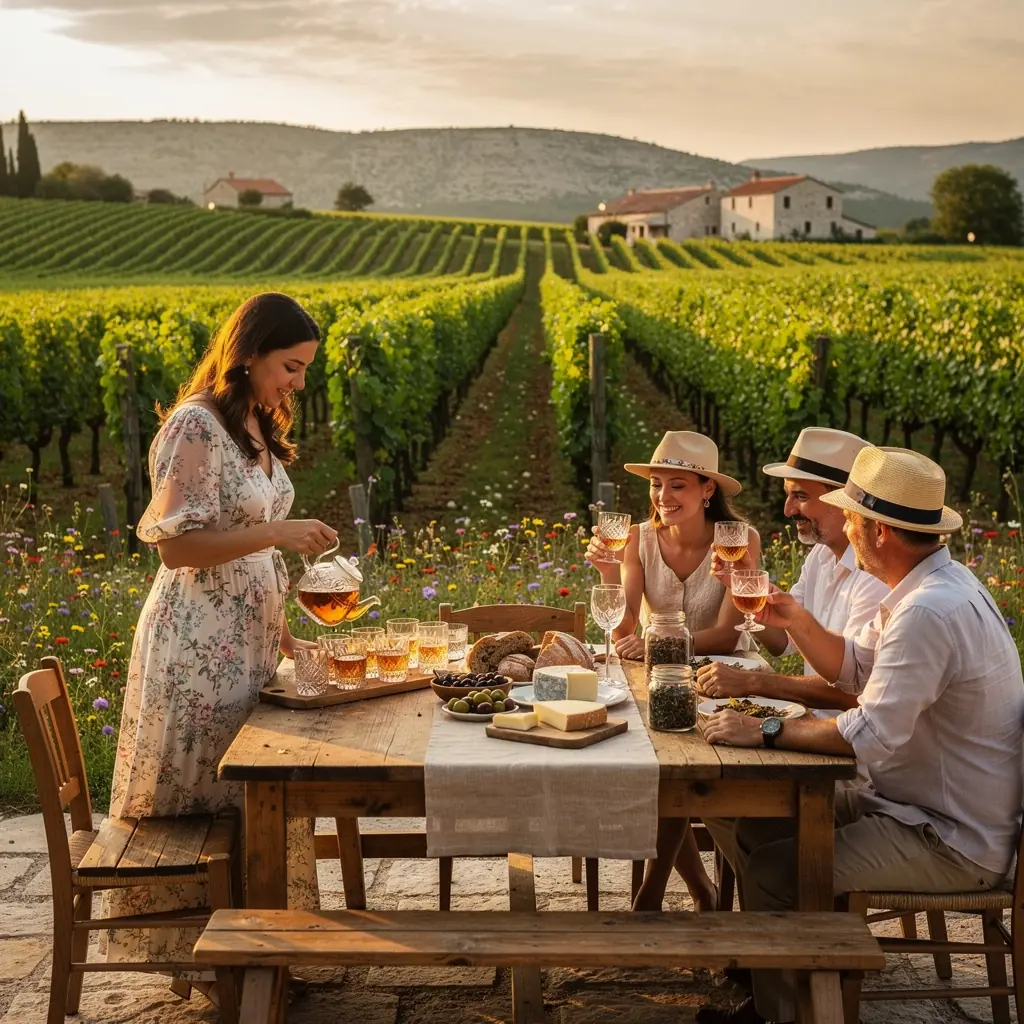 Uživanje u čaju uz kolače na sunčanoj terasi s pogledom na prirodu.