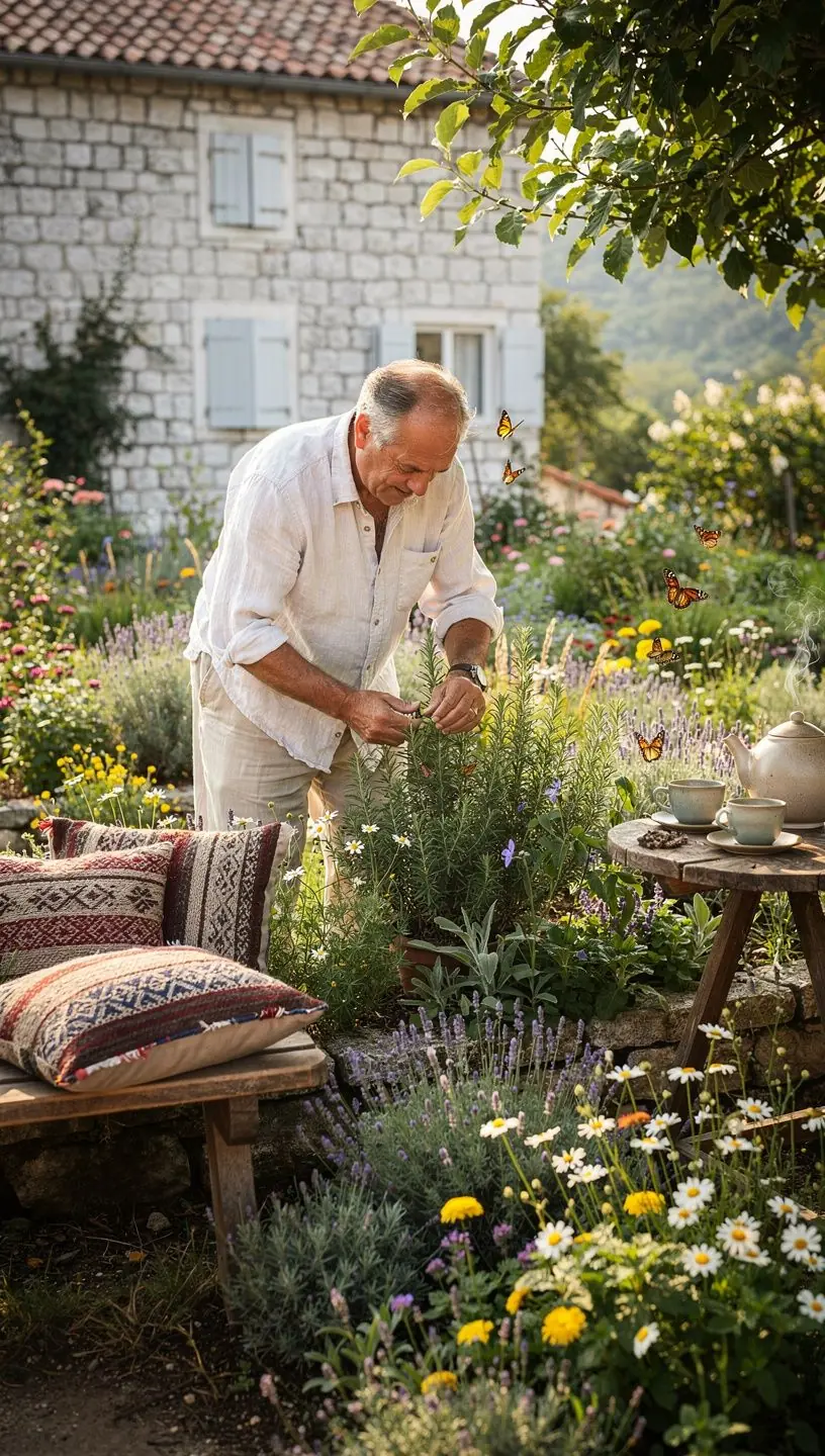 Uživanje u šalici čaja u prirodi, okruženo mediteranskim biljem.